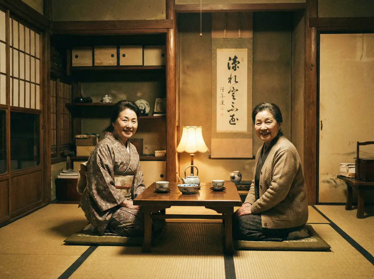 两位优雅的 黄冈站b站 在日式茶室中品茶交谈